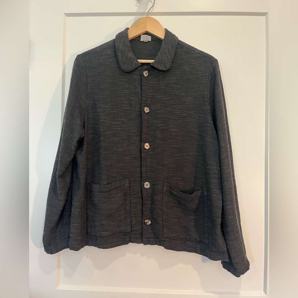 Vtg CP Shades Womens Button Up Chore Barn Jacket Black/Gray Lagenlook Boxy Sz S